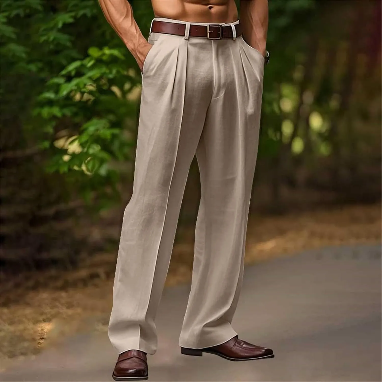Casual Loose Fit Linen Pants for Men Loose Fit Straight-Legs Yoga Beach Trousers with Pocket Summer Plain Beach Pant