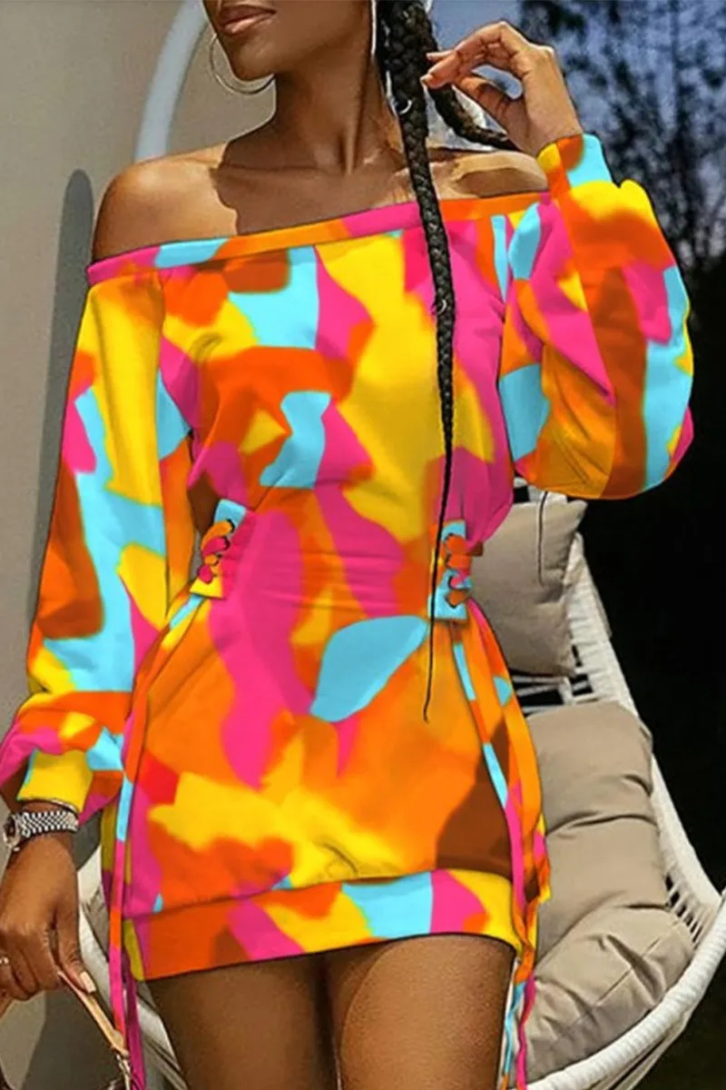 Casual Print Strap Design Off the Shoulder Irregular Dresses(5 Colors)