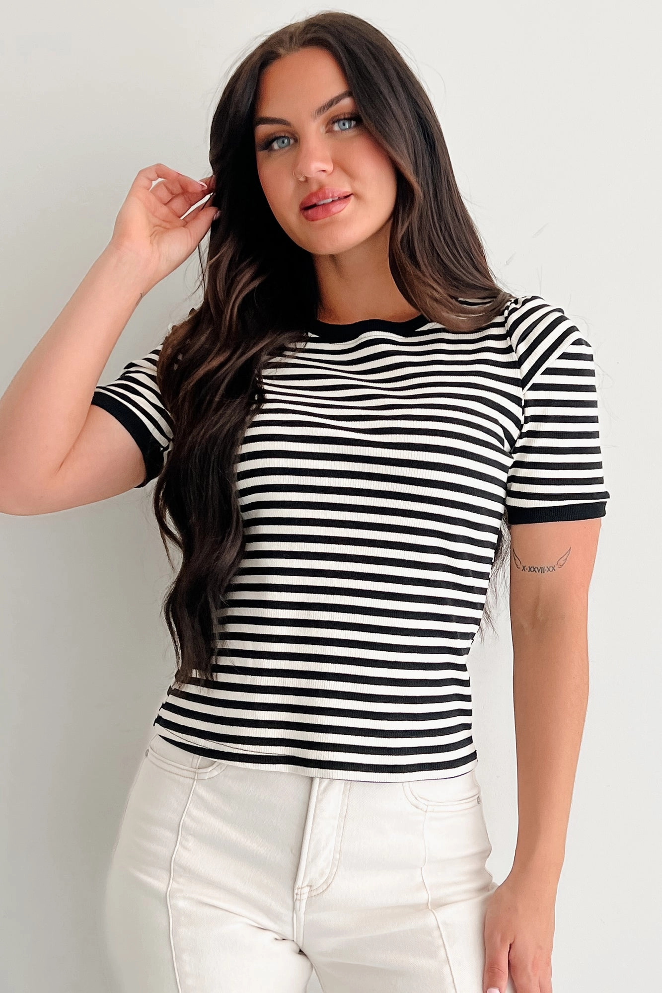 Casual & Cool Striped Puff Shoulder Top (Black/Ivory) Reinforced Neckline Anti Pilling