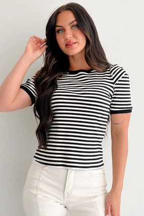 Wrinkle Resistant Textile Casual & Cool Striped Puff Shoulder Top (Black/Ivory)