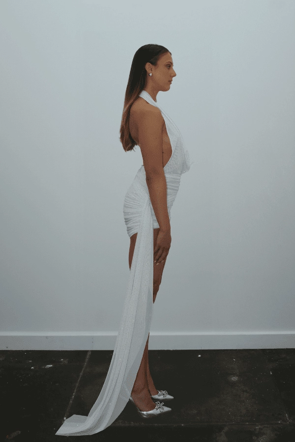 High Waist Light Coral Tiffany Dress Ivory Glitter