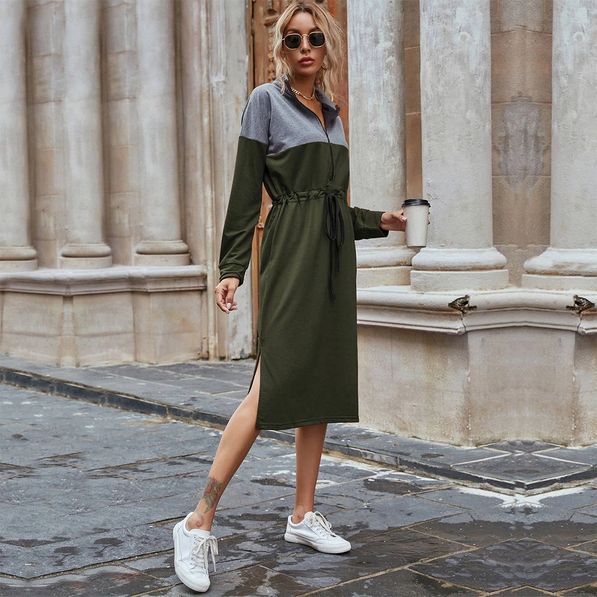 Effortless Touch CASUAL COLOR CONTRAST SPLIT HOODIE DRESS_CWDSD4338