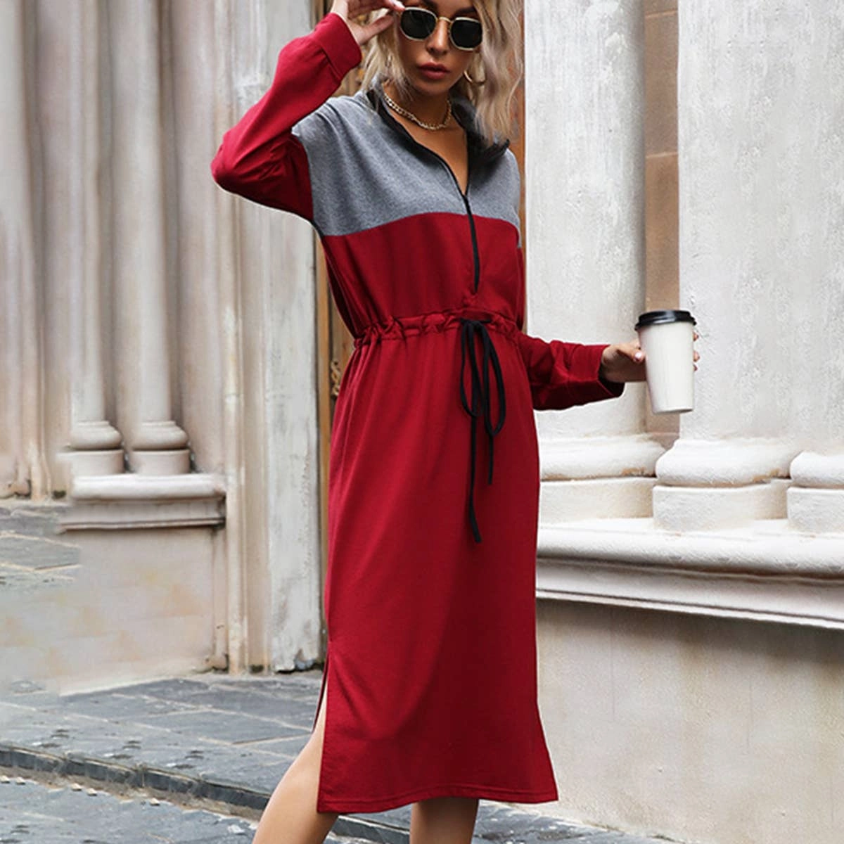 Chic Waist Rhinestone-Detail CASUAL COLOR CONTRAST SPLIT HOODIE DRESS_CWDSD4338