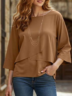 Casual crew neck double-layer top shirt Relaxed Crew Neck Opening Bound Seam Edges