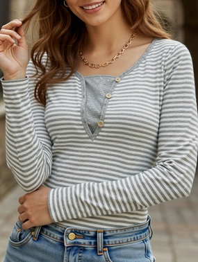 Casual fake two-piece small V-neck striped T-shirt StretchableKnit Durable Reinforced Elbows