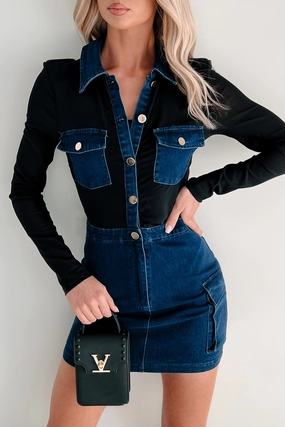 Tailored To Perfection Mesh Denim Mini Dress (Denim Blue) Soft Design Dressy Yet Comfortable