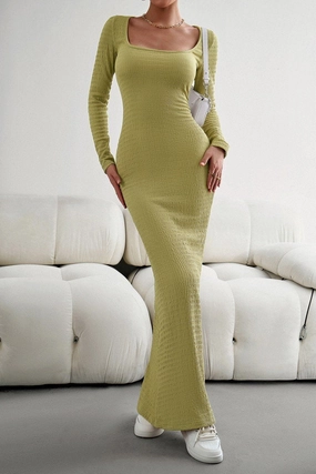 WOMEN SQUARE NECK SEXY TIGHT FIT MAXI LONG DRESS Textured Surface