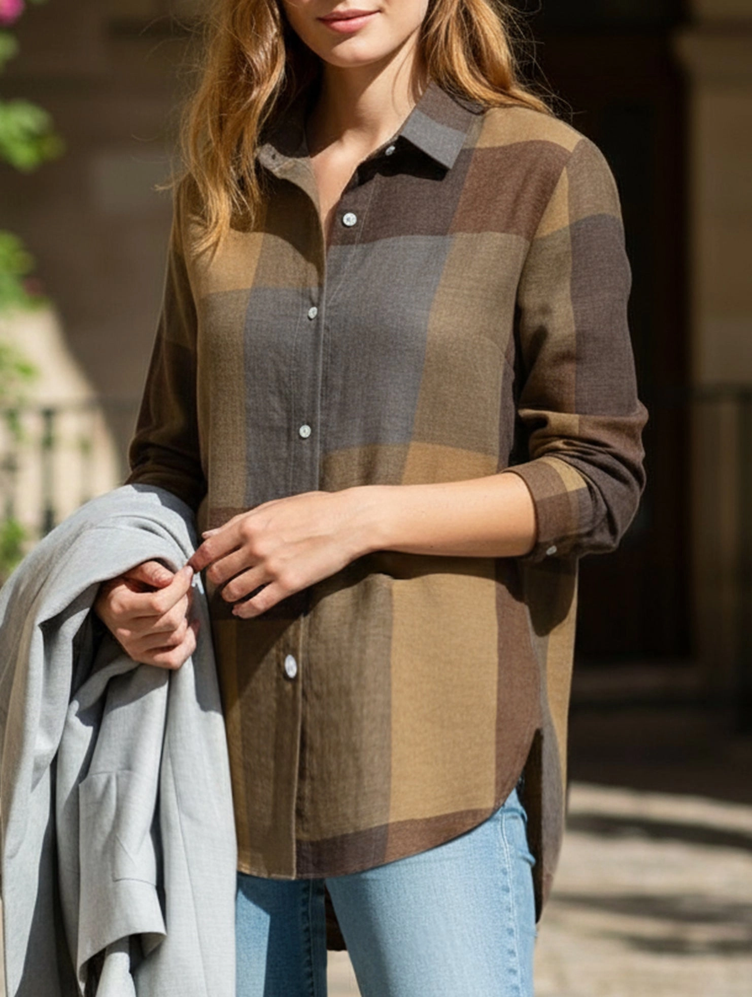 Casual long-sleeved plaid irregular shirt WaterRepellent Coating SelfFabric Binding