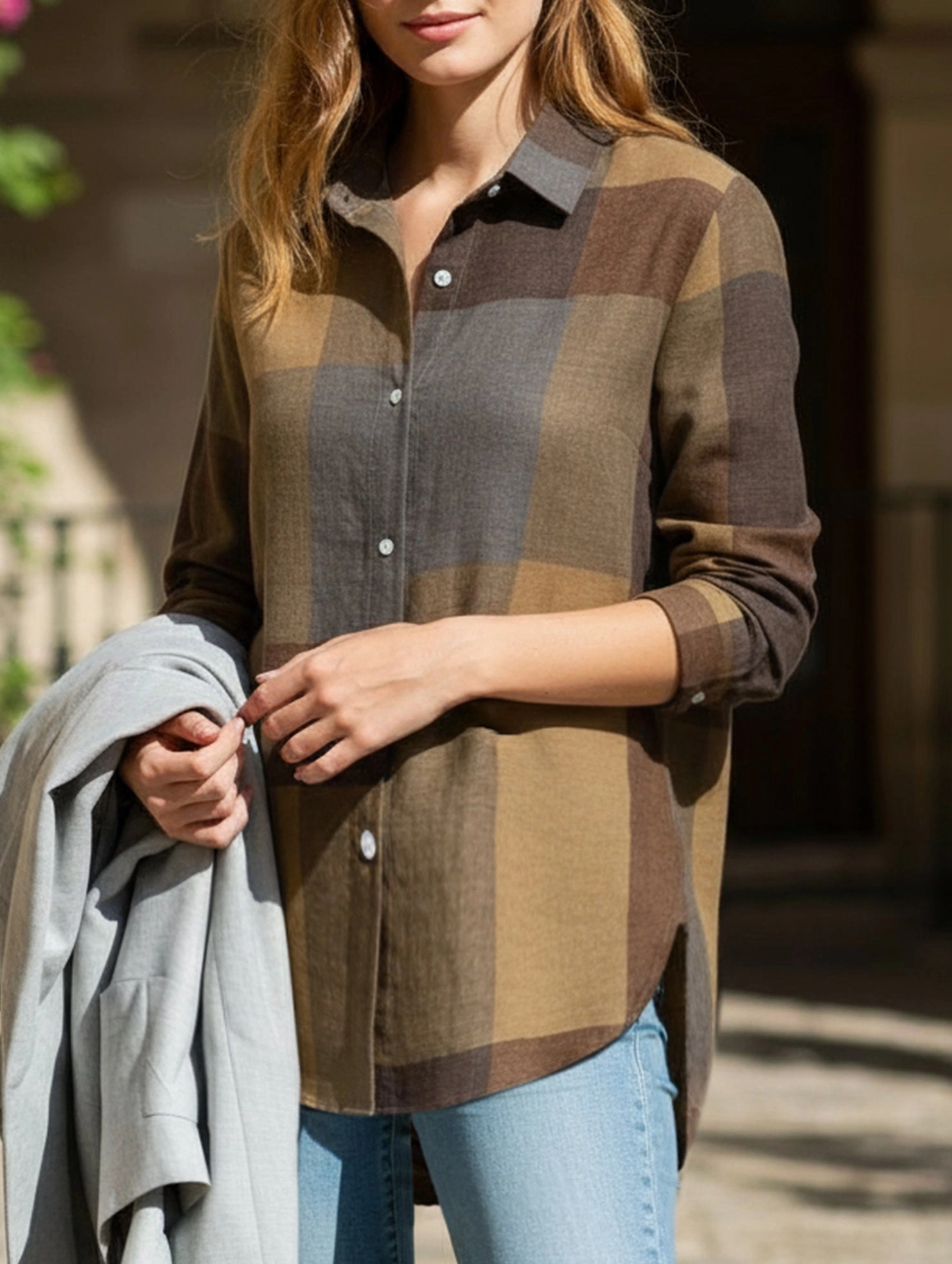 Casual long-sleeved plaid irregular shirt ComfortStretchFit GarmentWashed Texture