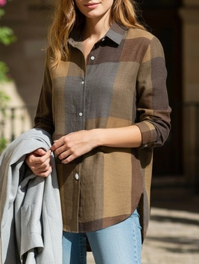 Casual long-sleeved plaid irregular shirt ComfortStretchFit GarmentWashed Texture