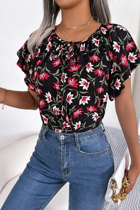 Double Layered Fabric Easy Care Material CASUAL LOOSE RUFFLED LACE CHIFFON TOP_CWTSTS0223