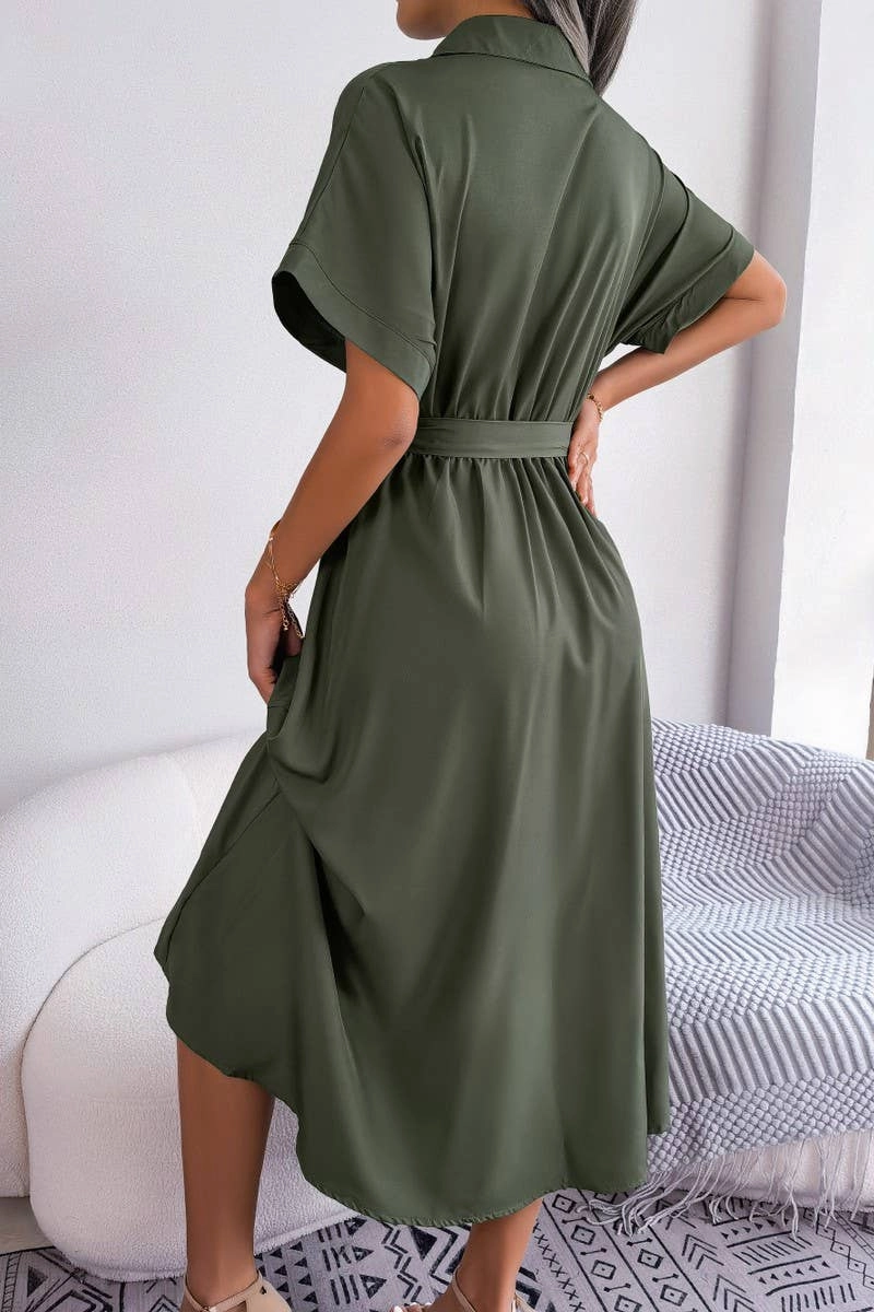 CASUAL LOOSE SOLID COLOR LACE UP SHIRT LONG DRESS_CWDSD2508 Sunset Scene Short Sleeve