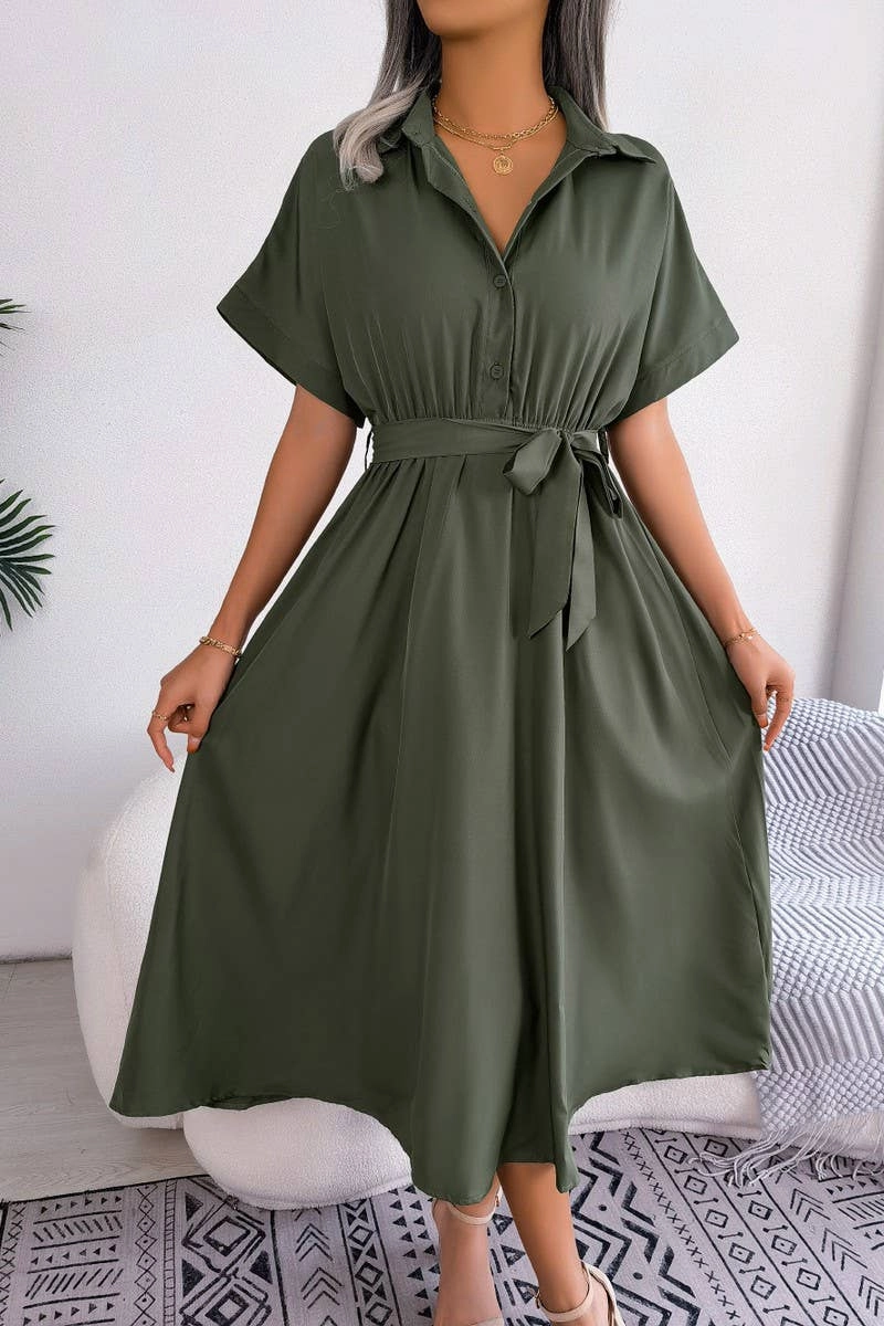 Peach Tone Versatile dress for layering CASUAL LOOSE SOLID COLOR LACE UP SHIRT LONG DRESS_CWDSD2508
