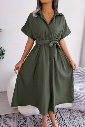 Peach Tone Versatile dress for layering CASUAL LOOSE SOLID COLOR LACE UP SHIRT LONG DRESS_CWDSD2508