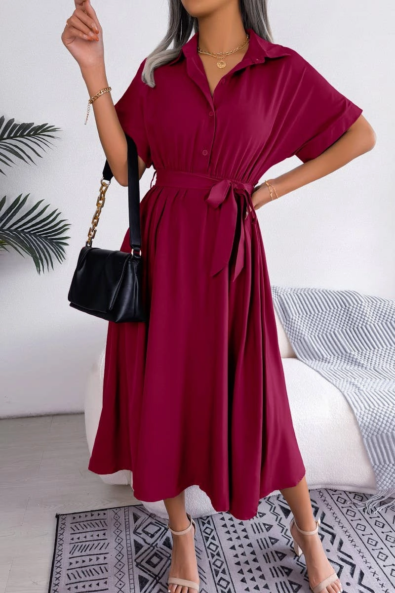 CASUAL LOOSE SOLID COLOR LACE UP SHIRT LONG DRESS_CWDSD2508 Effortless Touch