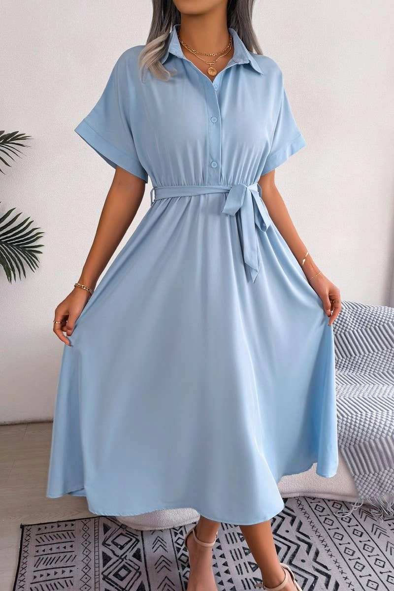 Delicate Mood Layer Base CASUAL LOOSE SOLID COLOR LACE UP SHIRT LONG DRESS_CWDSD2508