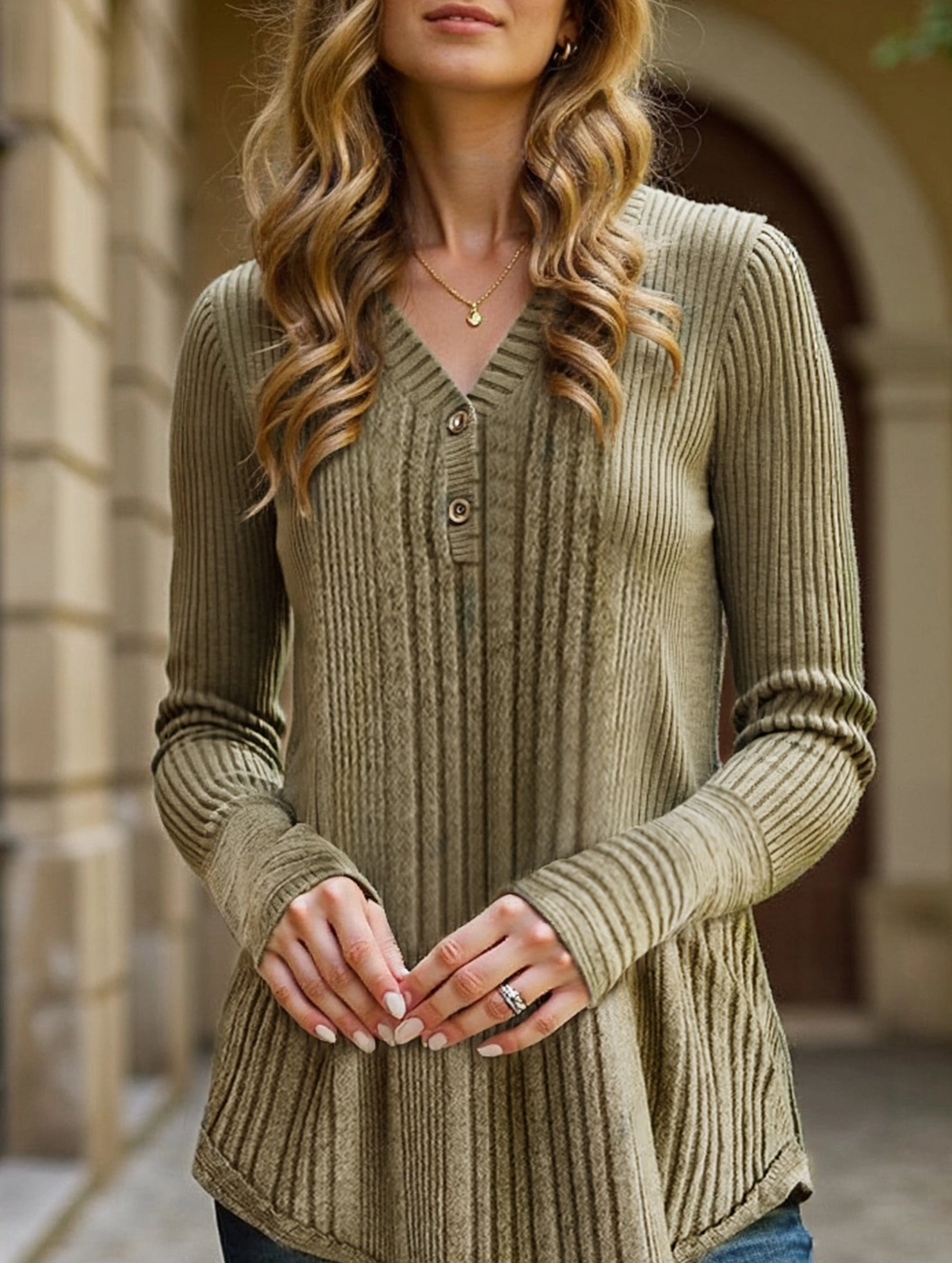 PortableOption Casual loose V-neck pullover sweater