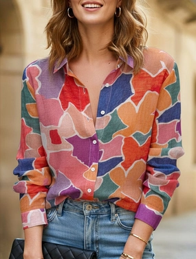 Buttery Soft Feel AdjustableCuffs Casual pastoral style printed shirt