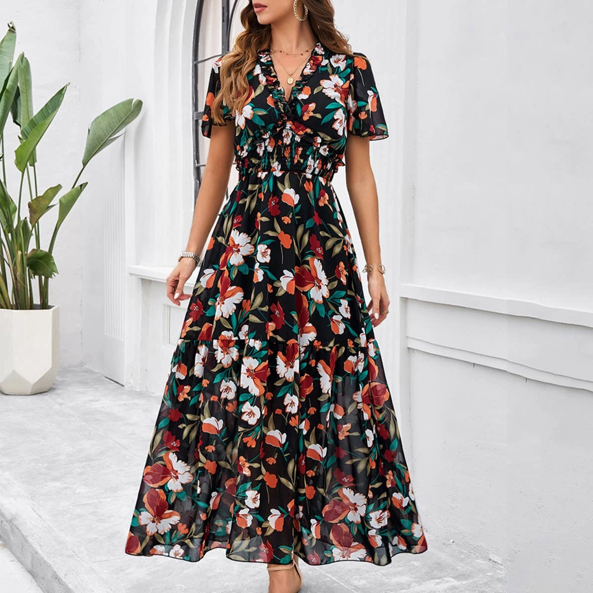 CASUAL PRINT DRESS WITH WAIST_CWDMD1953 Elastic Fit