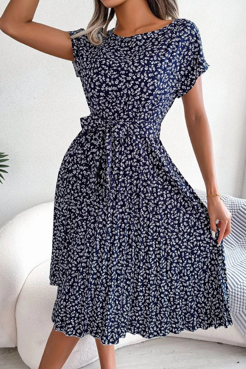 CASUAL SHORT SLEEVE FLORAL LARGE PLEATED DRESS_CWDSD2554 Casual-Look Street Edge