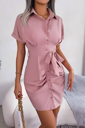 Ruffle Detail CASUAL SOLID COLOR BAT SLEEVE WAIST SHIRT DRESS_CWDSD2522