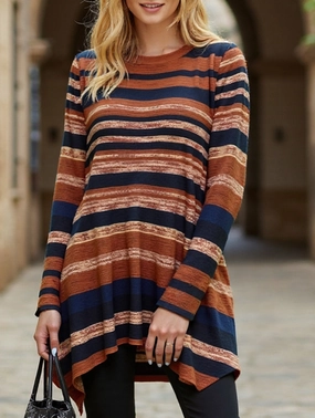 Casual striped print asymmetric T-shirt Everyday Comfort Recycled Polyester Fabric