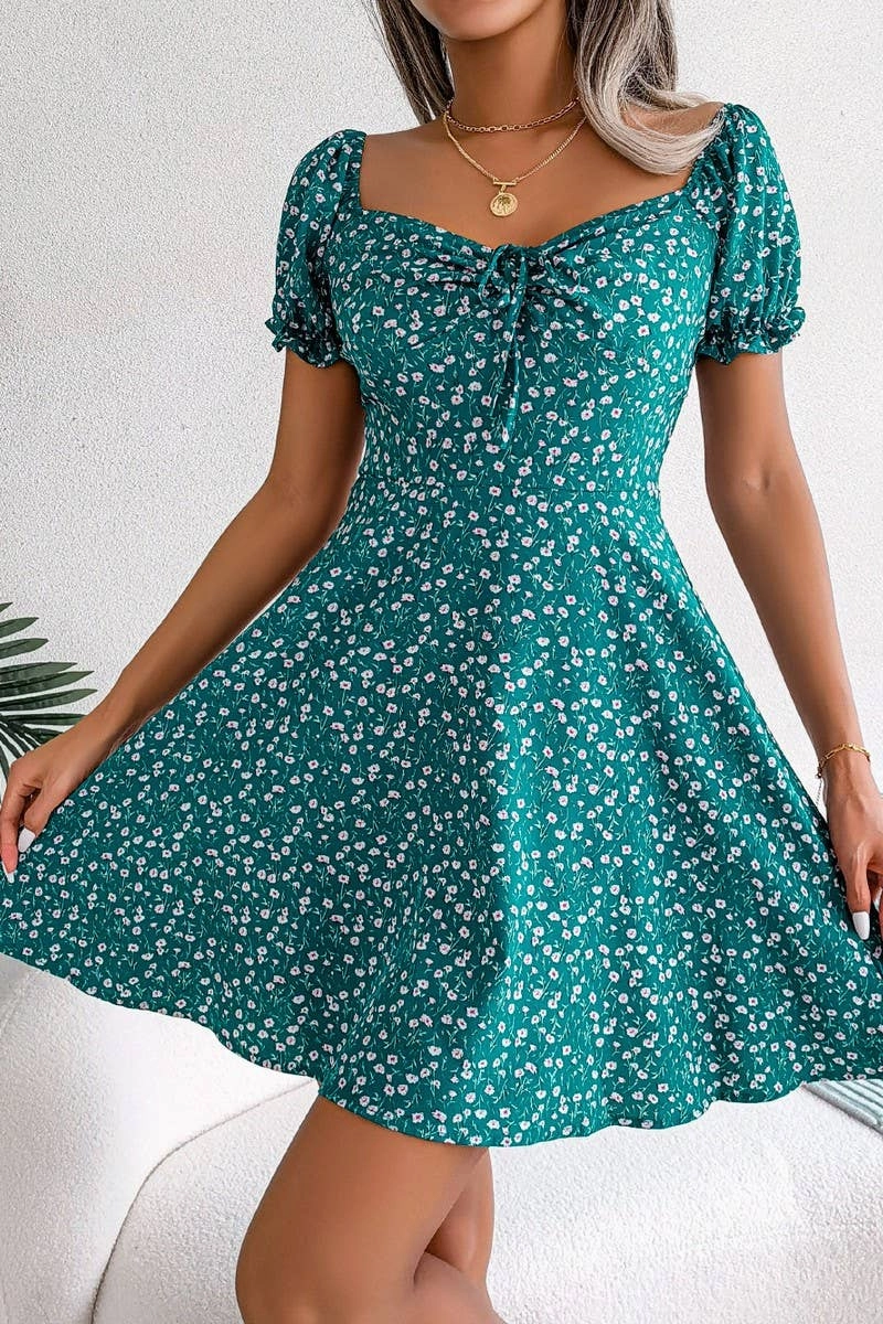 Spring Style CASUAL TRUMPET SLEEVE DRAWSTRING FLORAL DRESS_CWDSD2555