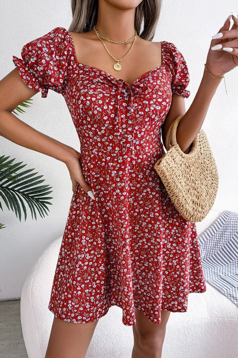 CASUAL TRUMPET SLEEVE DRAWSTRING FLORAL DRESS_CWDSD2555 Work Option