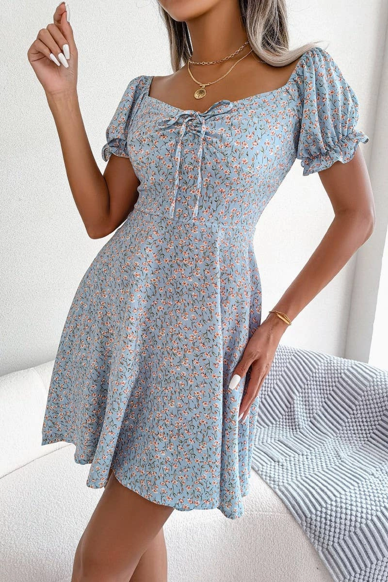 CASUAL TRUMPET SLEEVE DRAWSTRING FLORAL DRESS_CWDSD2555 Satin Glow
