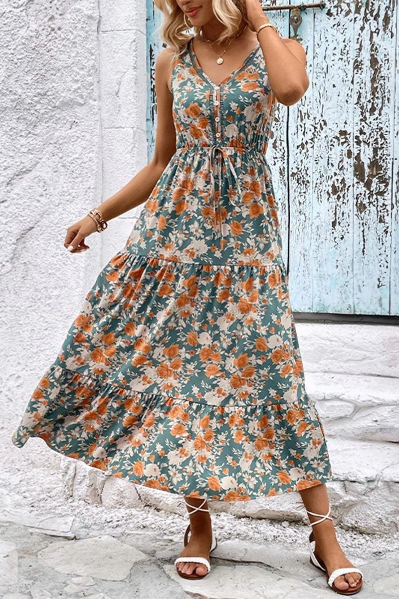 WOMEN FLORAL SLEEVELESS TIERED DRESS Layering Fit