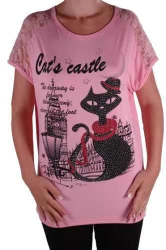 Cat Graphic Lace Tunic Top