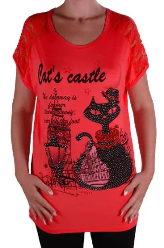 Cat Graphic Lace Tunic Top