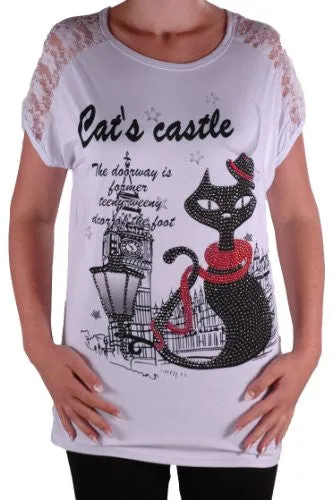 Cat Graphic Lace Tunic Top