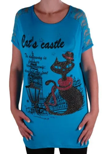 Cat Graphic Lace Tunic Top
