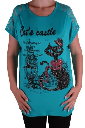 Cat Graphic Lace Tunic Top