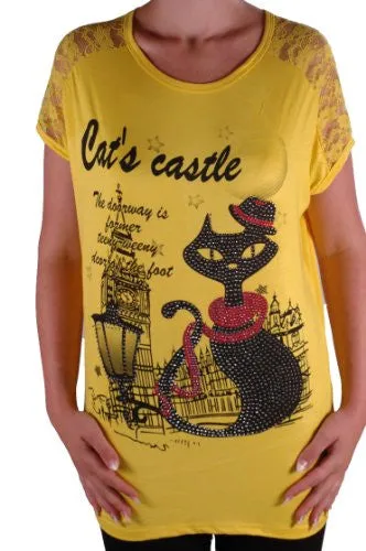 Cat Graphic Lace Tunic Top
