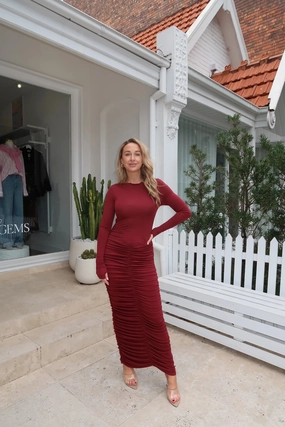 Pastel Sky Textured Flow Caterina Midi Dress Burgundy
