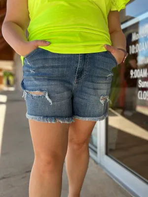 Cello High Rise Destroyed Med Denim Shorts (C)