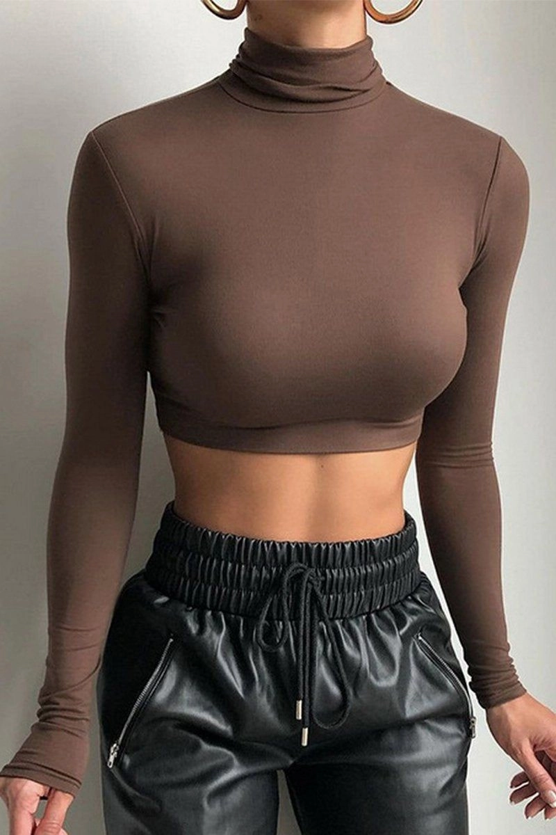 WOMEN HIGH NECK LONG SLEEVE FITTED SEXY CROP TOP SlubTexture BondedHemline