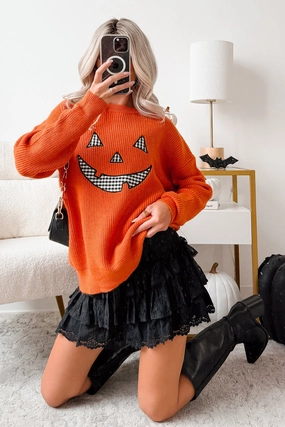 Jack-O-Lantern Embroidered Sweater (Burnt Orange) Unstructured Fit Stretchable Blend