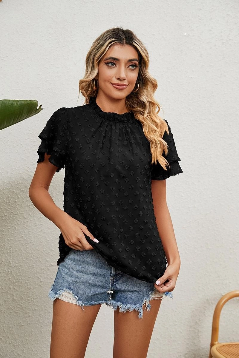 RUFFLED ROUND NECK JACQUARD WEAVE CHIFFON BLOUSE PolishedFinish