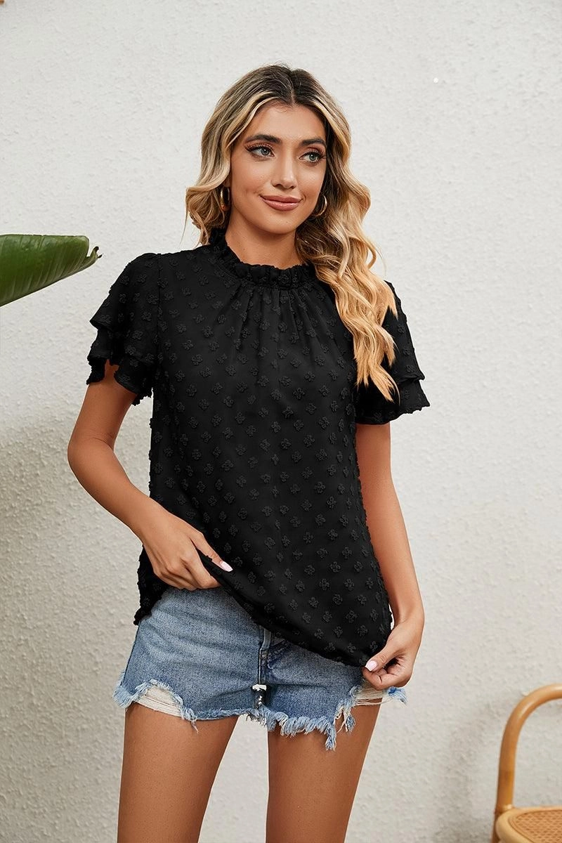 Multi Pocket Functional Design RUFFLED ROUND NECK JACQUARD WEAVE CHIFFON BLOUSE