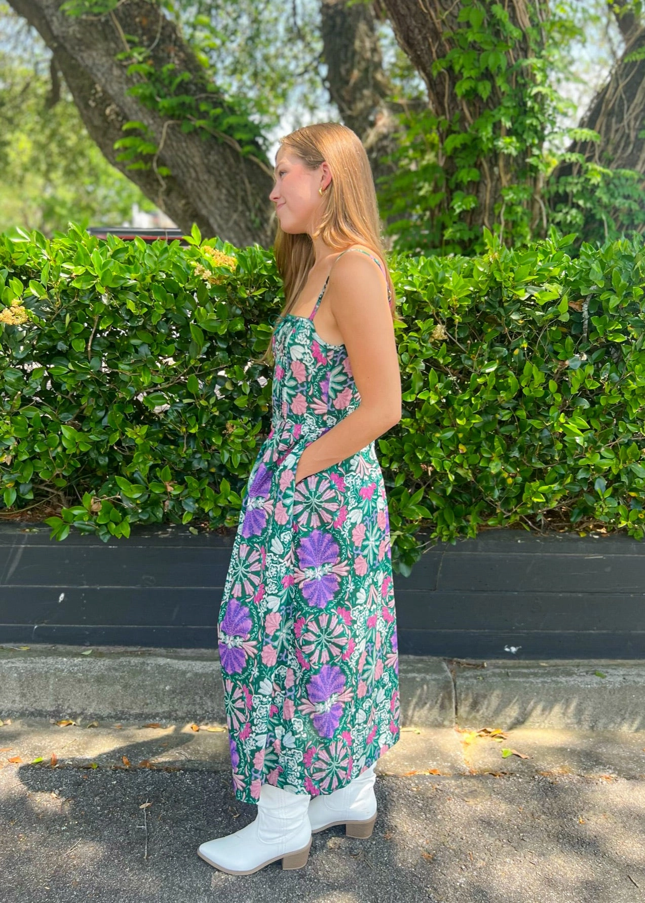 CATHERINE FLORAL OPEN-BACK MIDI DRESS Mesh-Sleeve