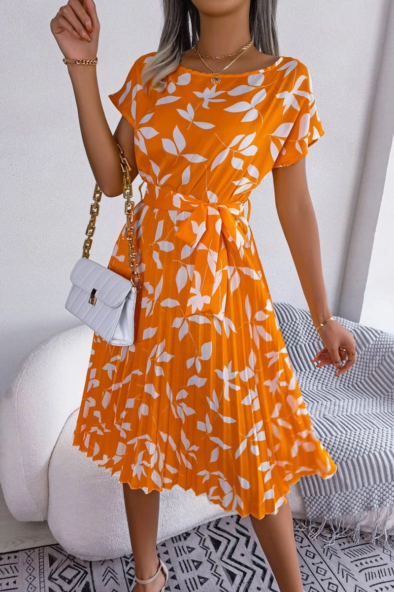 Flow Friendly CASUAL LEAF SHORT SLEEVE BIG SWING PLEATED DRESS_CWDSD2526