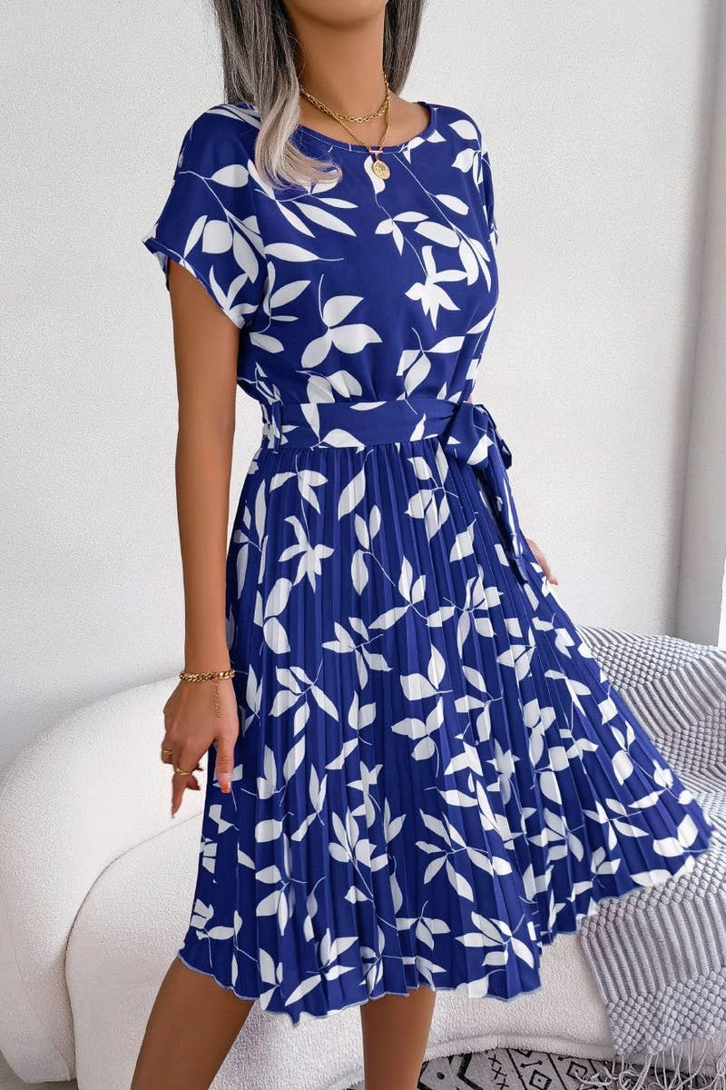 CASUAL LEAF SHORT SLEEVE BIG SWING PLEATED DRESS_CWDSD2526 Bridal-Shower Soft Stretch