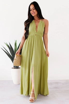 Chasing Glances Halter Maxi Dress (Matcha) Winter Proof Layer Light
