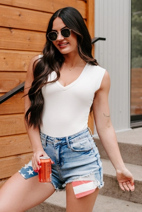 Chasing Stillness V Neck Cap Sleeve Bodysuit (Ivory) ReinforcedHem Thermal Regulation System