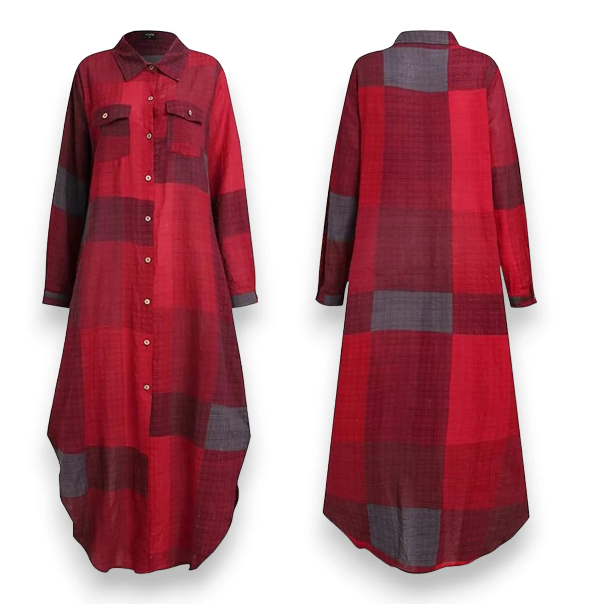 Checkered Long Sleeve Button Down Maxi Shirt Dress