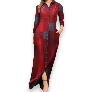Checkered Long Sleeve Button Down Maxi Shirt Dress