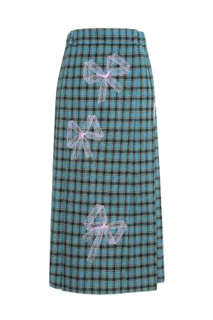 CHECKERED PLEATED SKIRT WITH BOW TIES IN TEAL AND PINK
